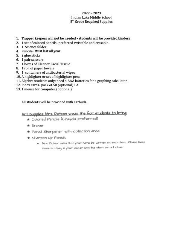 ILMS 202223 Supply Lists and Student Handbook Indian Lake Middle School